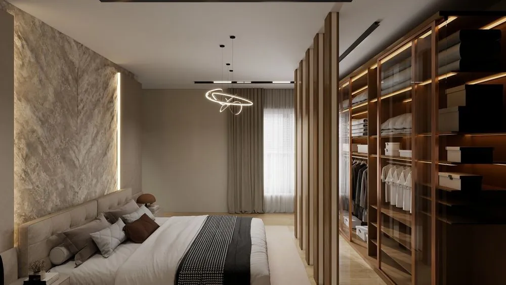 Quarto planejado com guarda-roupa de madeira e painel iluminado